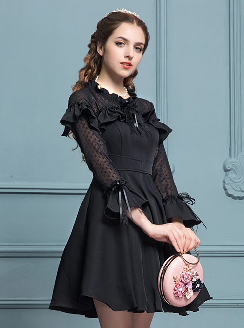 Black Chiffon Slim Stylish Gothic Lolita Long Sleeve Dress