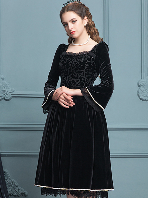 Black Velour Lace Edge Gothic Lolita Long Sleeve Dress