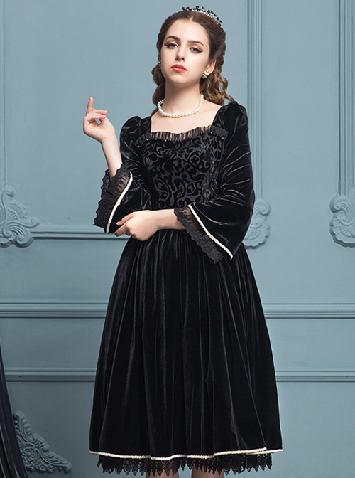 Black Velour Lace Edge Gothic Lolita Long Sleeve Dress