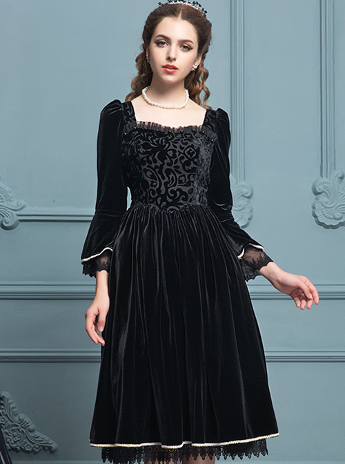 Black Velour Lace Edge Gothic Lolita Long Sleeve Dress