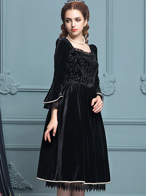 Black Velour Lace Edge Gothic Lolita Long Sleeve Dress