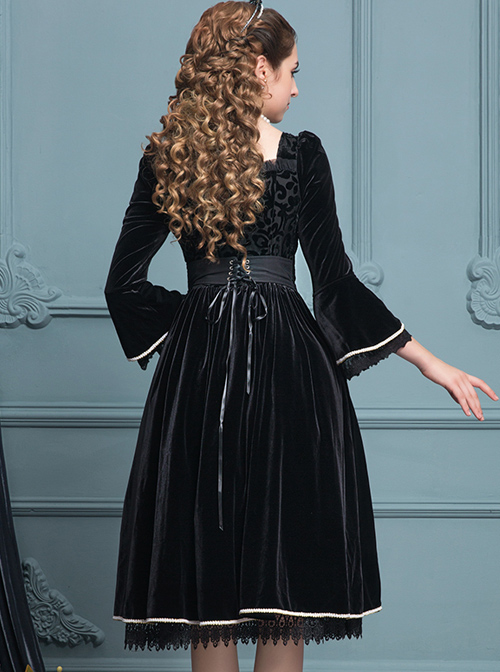 Black Velour Lace Edge Gothic Lolita Long Sleeve Dress