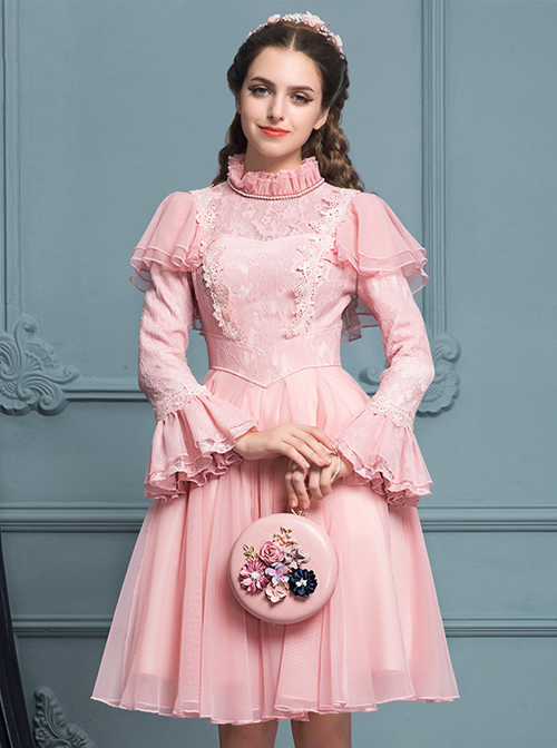 Palace Style Retro Pink Lace Classic Lolita Long Sleeve Dress