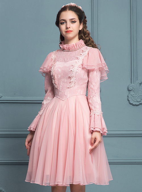Palace Style Retro Pink Lace Classic Lolita Long Sleeve Dress
