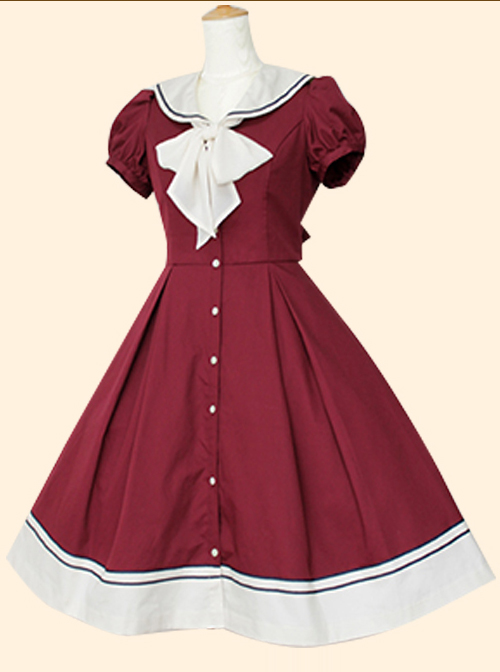 Retro Navy Collar Bowknot School Lolita Short Sleeve Dress