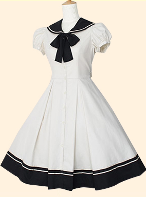 Retro Navy Collar Bowknot School Lolita Short Sleeve Dress