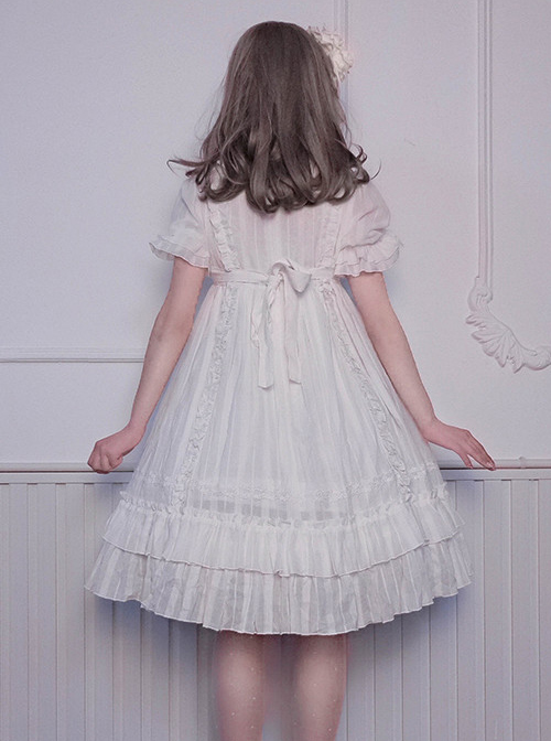 Pure Color Elegant Ruffles High Waist Short Sleeve Lolita Dress