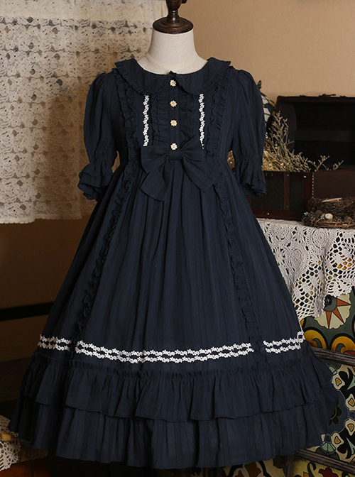 Pure Color Elegant Ruffles High Waist Short Sleeve Lolita Dress