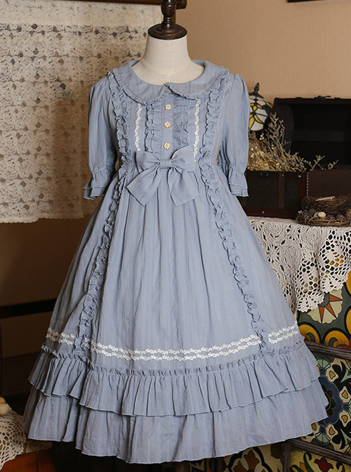 Pure Color Elegant Ruffles High Waist Short Sleeve Lolita Dress