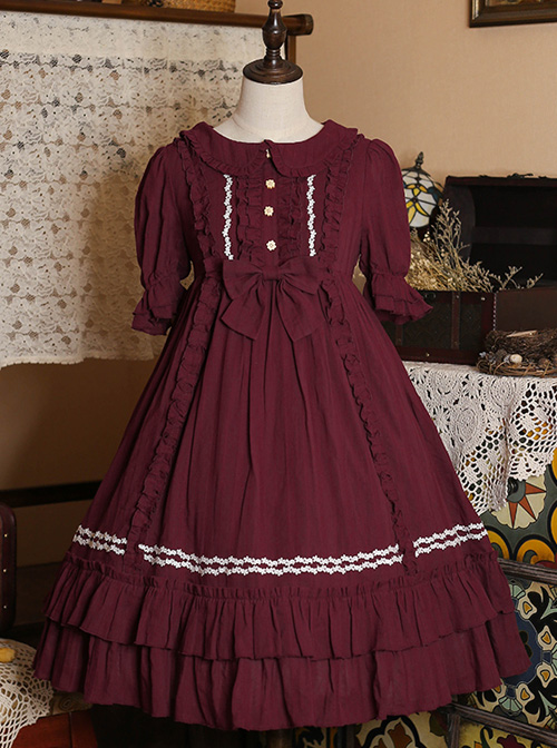 Pure Color Elegant Ruffles High Waist Short Sleeve Lolita Dress