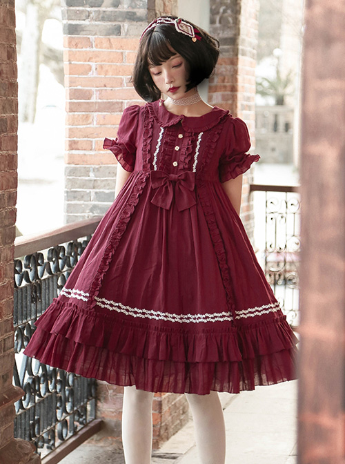 Pure Color Elegant Ruffles High Waist Short Sleeve Lolita Dress