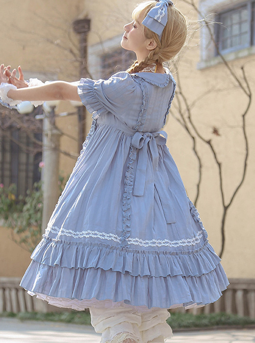 Pure Color Elegant Ruffles High Waist Short Sleeve Lolita Dress