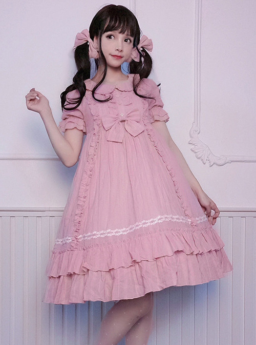 Pure Color Elegant Ruffles High Waist Short Sleeve Lolita Dress