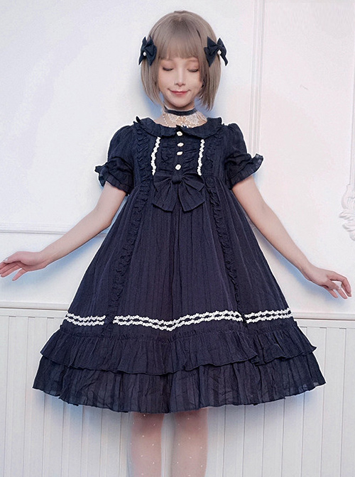 Pure Color Elegant Ruffles High Waist Short Sleeve Lolita Dress