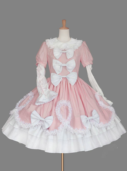 Pink And White Round Neck Bow Lovely Sweet Lolita Dress