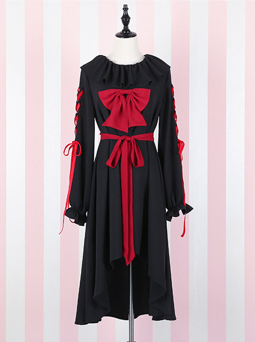 Black Bind Strap Bowknot Gothic Lolita Long Sleeve Dress