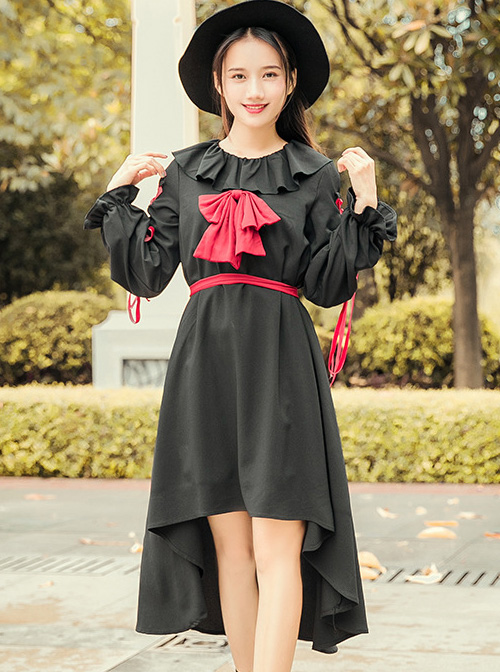 Black Bind Strap Bowknot Gothic Lolita Long Sleeve Dress