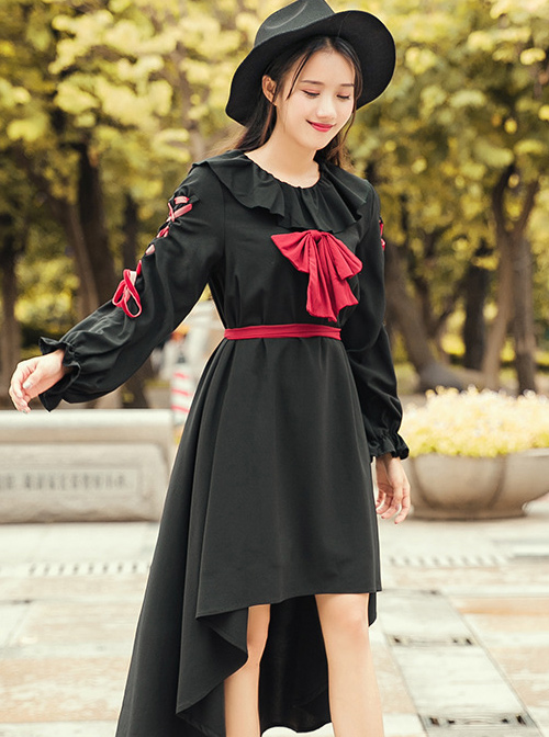 Black Bind Strap Bowknot Gothic Lolita Long Sleeve Dress