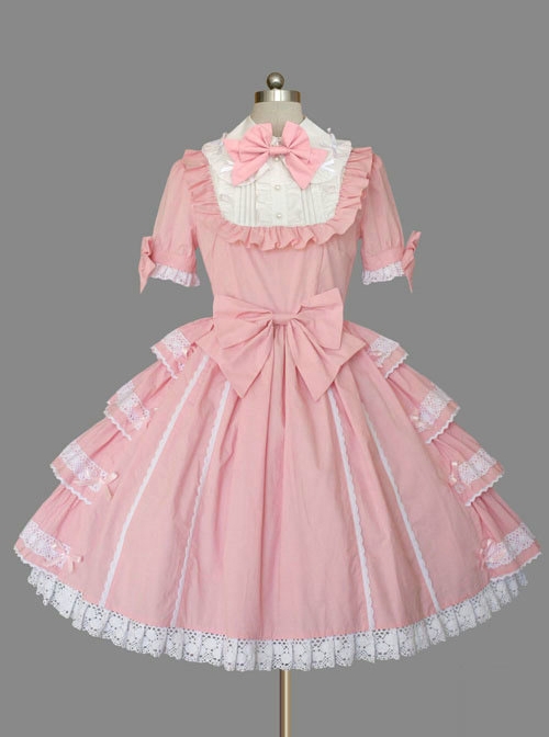 Pink Cotton Lapel Bowknot Sweet Lolita Short Sleeves Dress