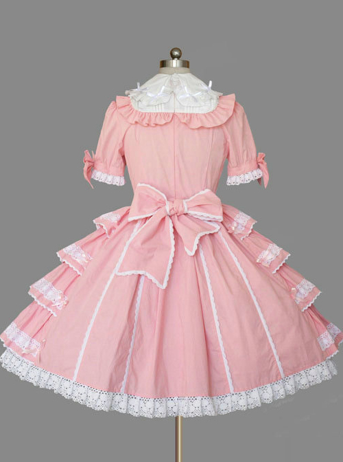 Pink Cotton Lapel Bowknot Sweet Lolita Short Sleeves Dress