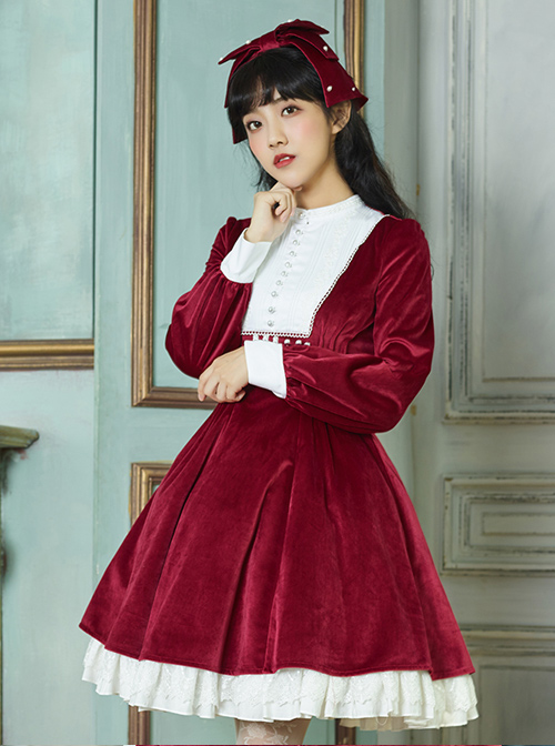 Velour Long Sleeve Pearl Buttons Classic Lolita Dress