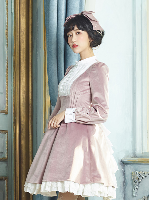 Velour Long Sleeve Pearl Buttons Classic Lolita Dress