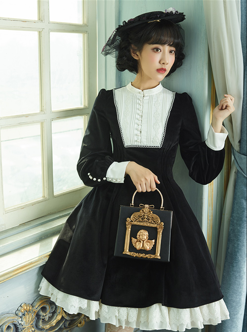 Velour Long Sleeve Pearl Buttons Classic Lolita Dress