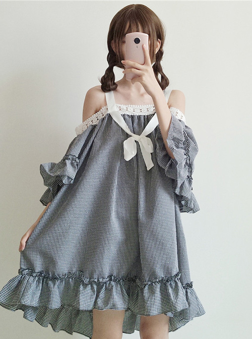 Off-shoulder Plaid Lace Sweet Lolita Dress