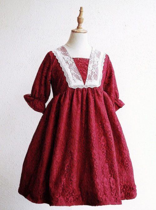 Wine Red Lace Lantern Short Sleeve Classic Lolita Dress