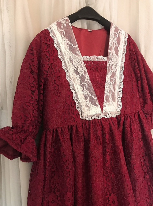 Wine Red Lace Lantern Short Sleeve Classic Lolita Dress