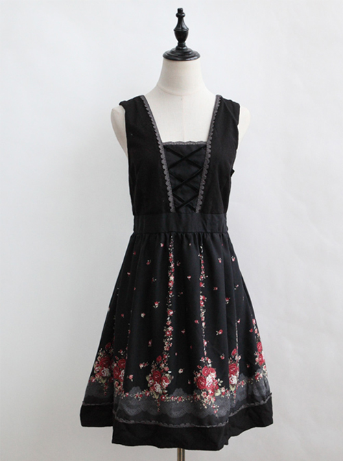 Flower Pattern Bind Straps Classic Lolita Sleeveless Dress