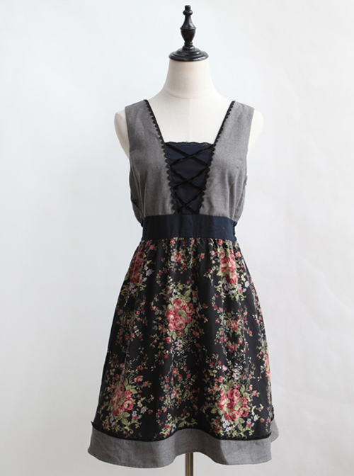 Flower Pattern Bind Straps Classic Lolita Sleeveless Dress