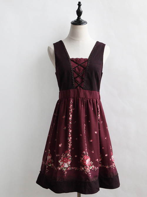 Flower Pattern Bind Straps Classic Lolita Sleeveless Dress