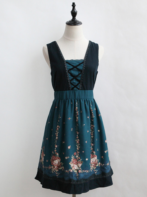 Flower Pattern Bind Straps Classic Lolita Sleeveless Dress