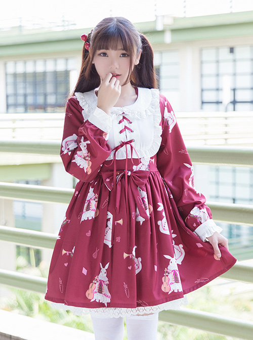 Musical Instrument Rabbit Printing Sweet Lolita Long Sleeve Dress