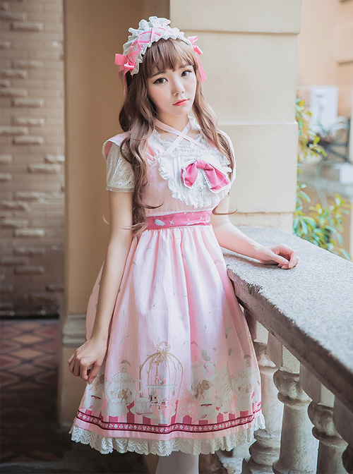 Afternoon Tea Printing Pink Sweet Lolita Sling Dress