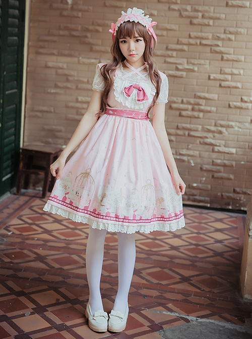 Afternoon Tea Printing Pink Sweet Lolita Sling Dress