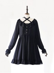 Black Chiffon Ruffles Gothic Lolita Long Sleeve Dress