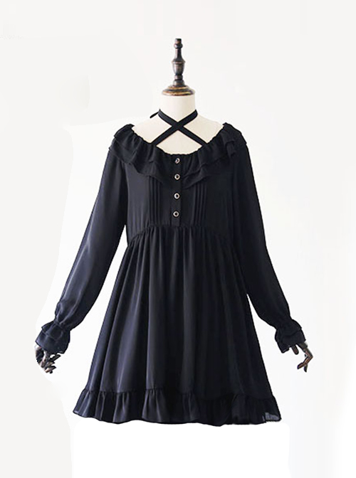 Black Chiffon Ruffles Gothic Lolita Long Sleeve Dress