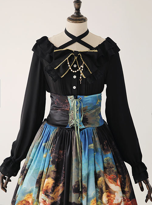 Black Chiffon Ruffles Gothic Lolita Long Sleeve Dress