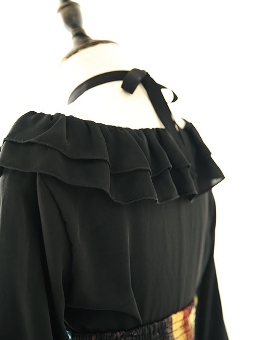 Black Chiffon Ruffles Gothic Lolita Long Sleeve Dress