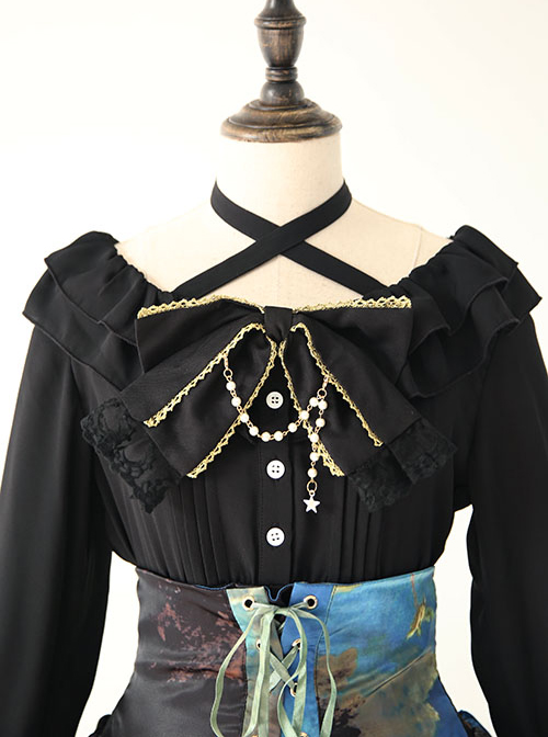 Black Chiffon Ruffles Gothic Lolita Long Sleeve Dress