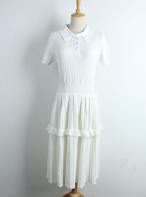 Ice Silk Knitted Ruffles Lapel Short Sleeve Classic Lolita Dress
