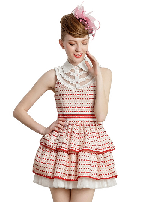 Red Wave Point Sleeveless Lapel Sweet Lolita Dress