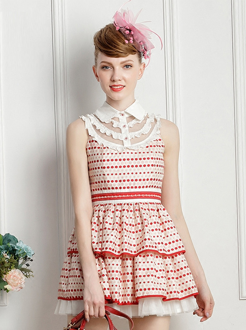 Red Wave Point Sleeveless Lapel Sweet Lolita Dress