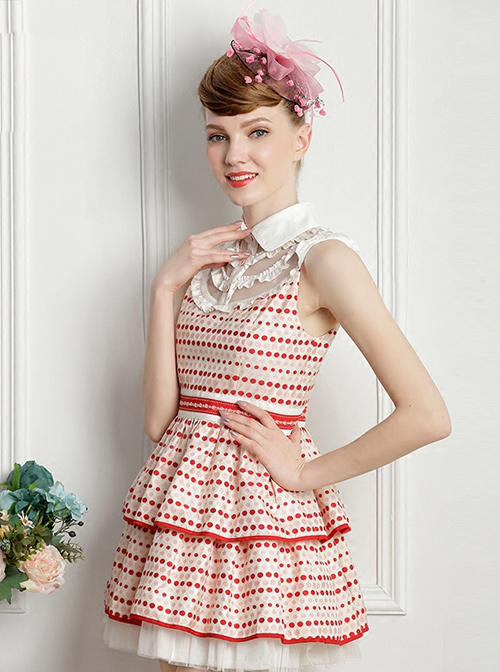 Red Wave Point Sleeveless Lapel Sweet Lolita Dress