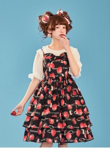 Choco Strawberry Printed Three-layer Hem Big Bowknot Classic Lolita Sling Dress