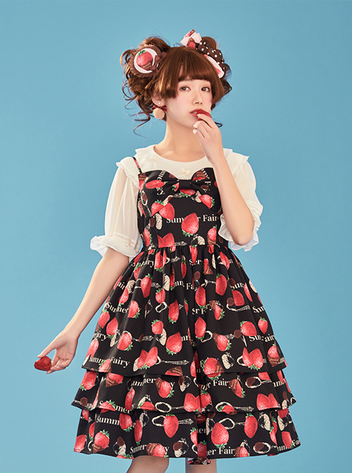 Choco Strawberry Printed Three-layer Hem Big Bowknot Classic Lolita Sling Dress