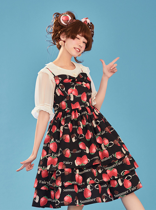 Choco Strawberry Printed Three-layer Hem Big Bowknot Classic Lolita Sling Dress