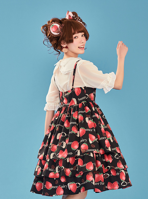 Choco Strawberry Printed Three-layer Hem Big Bowknot Classic Lolita Sling Dress